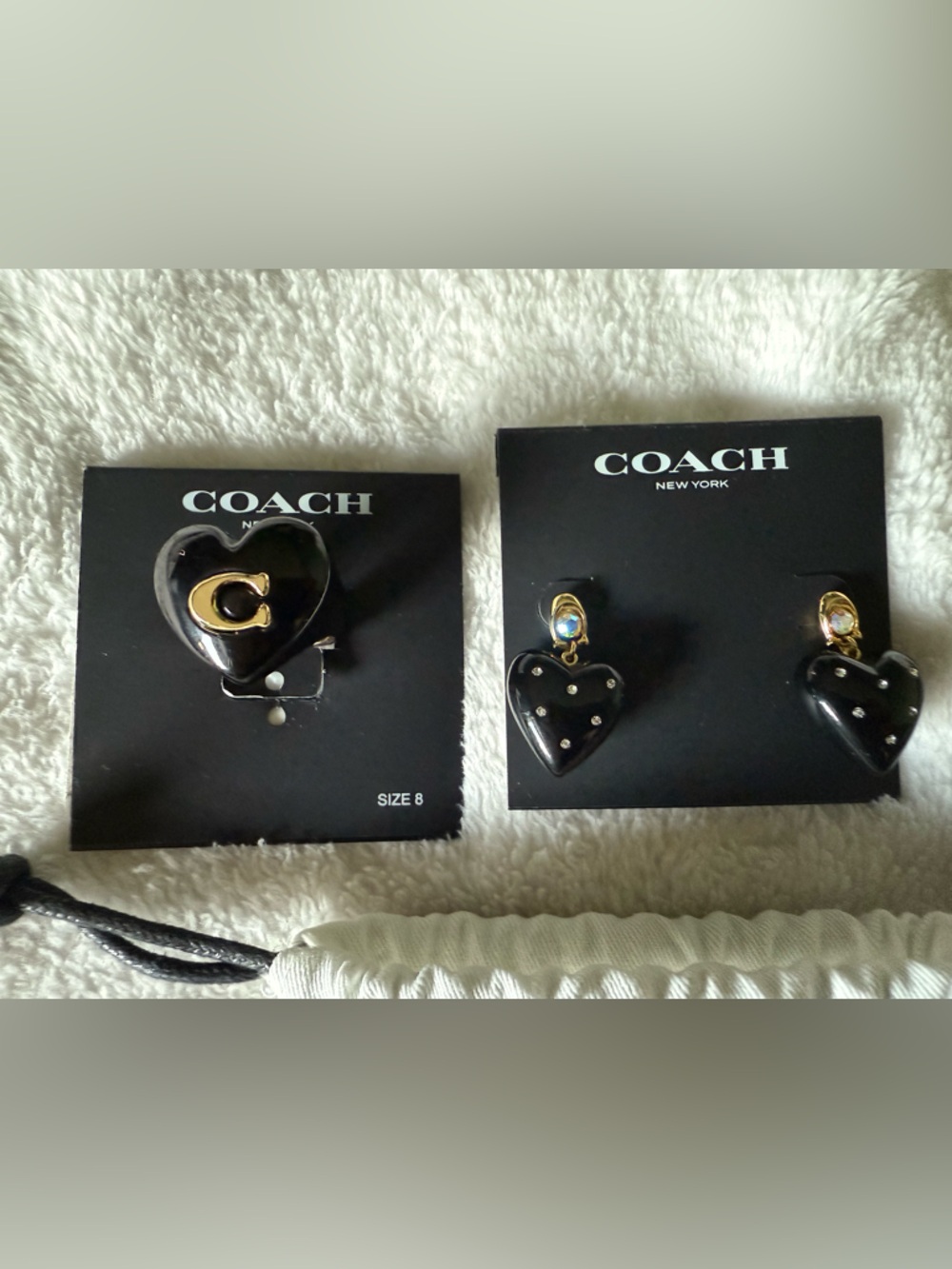 Coach Black Heart Drop Earrings with Gold Studs and ring